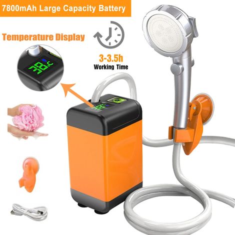 (7800 mAh Type C) Douche électrique d'extérieur portable, pompe de douche rechargeable USB, pommeau de douche étanche avec arroseur intégré pour le camping, les voyages et l'arrosage des animaux domes (1/4)