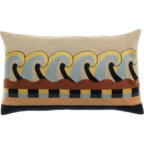 Coussin Décoratif Brodé en Coton Motif Vagues et Soleil Multicolore pour Canapé ou Lit 30 x 50 cm - PANGIVO