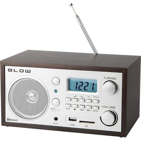 Radio de cuisine portable Bluetooth rétro avec horloge LCD, antenne FM et port USB.