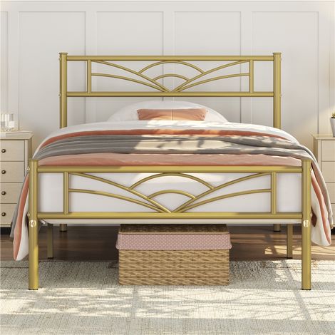 Homevive Cama Individual con Espacio Bajo Marco Metal Altura 32 cm Cama Individual con Cabecera para Colchón de 90 x 200 cm Oro