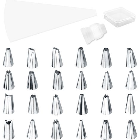 Lot de 26 poches à douille en silicone avec 25 douilles et coupleur en acier inoxydable, 30 x 17 cm, réutilisables avec brosse de nettoyage pour décorer des gâteaux, pâtisseries et cupcakes (1/5)