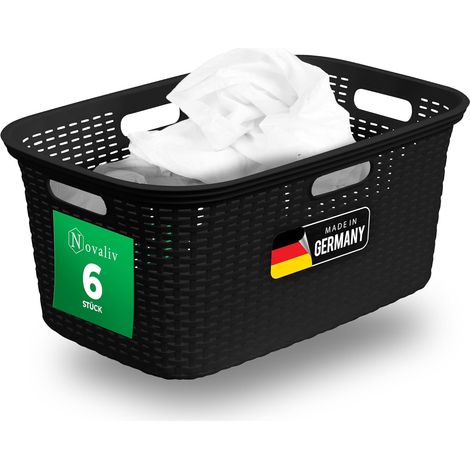 Novaliv Value Set 6X Panier à linge en rotin avec 4 poignées 40L Noir, Ensemble de boîtes à linge, Seau à linge, Conteneur à linge pour salle de