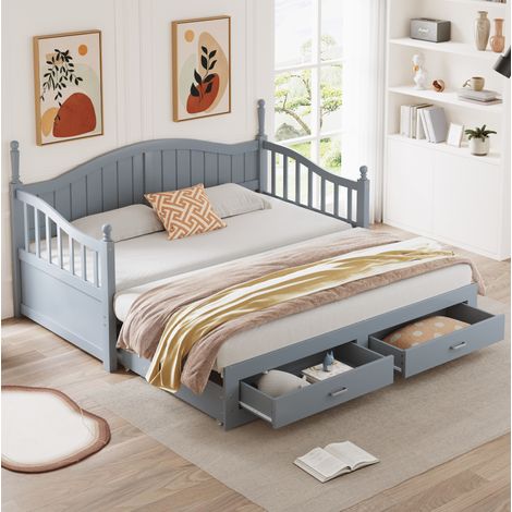 DESVIAE Canapé lit gigogne en bois avec lattes et 2 tiroirs 90 x 190 cm extensible 180 x 190 cm gris (1/5)