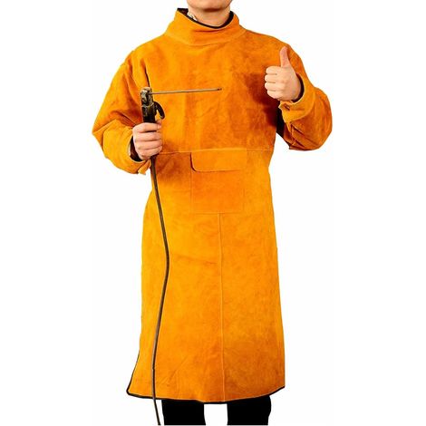 (XL-105cm) Unisex Cowhide Leather Welder Apron - Yellow with Sleeves and Collar, Protective Apron for Workshop Work, Spark and Heat Resistant