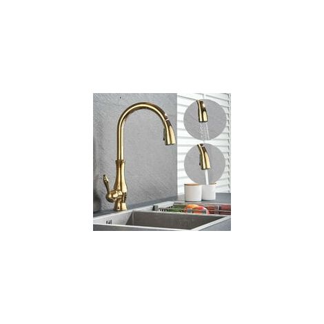 Robinet Cuisine avec Douchette dore Laiton,Extensible Robinetterie évier 360° Pivotant Ressort en Spirale Mitigeur Cuisine Avec 2 Modes, Mitigeur Monocommande Evier Froide et Chaud Disponible (1/3)