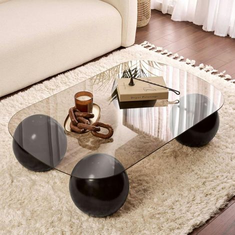 Table basse verre ambré bords arrondis - 4 pieds noirs KOCHI (1/5)
