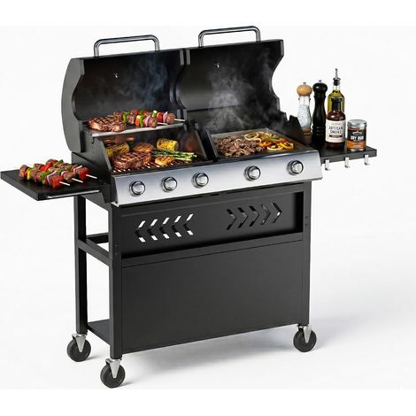 Barbecue gaz 2-en-1 5 brûleurs 40000 BTU 696 in² 2 zones température chariot roulant jardin (1/5)