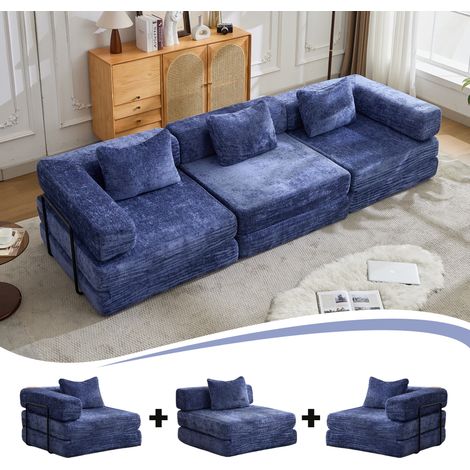 Divano a compressione, divano letto convertibile a pavimento con struttura fissa, divano componibile senza stecche, nessun montaggio richiesto, tessuto ciniglia, per soggiorno e camera da letto, blu s (1/5)