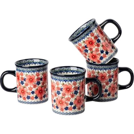 Lot de 4 tasses à latte en céramique peintes à la main avec poignée pour thé/lait/cacao – Design rétro moderne pour toutes les cuisines – Passe au micro-ondes et au lave-vaisselle (neige et (1/5)