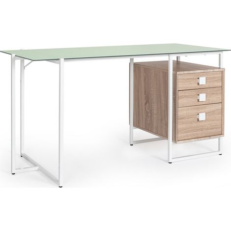 Scrivania "Thomas" con cassettiera, color bianco-naturale, 142 x 69 x 76h cm