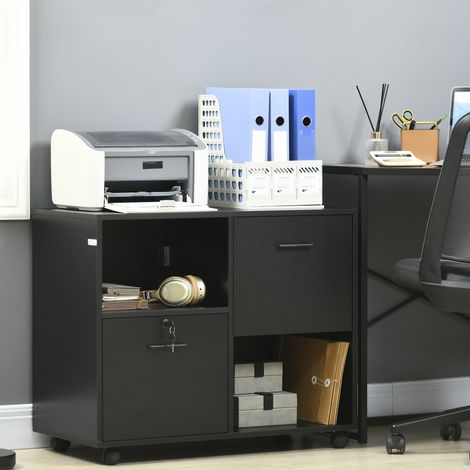 Meuble de Bureau avec 2 Tiroirs Porte Documents et Étagères, Roues avec Blocage, 80x40x66cm, Noir (1/5)