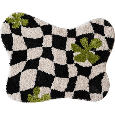 Tapis de cuisine irrégulier à carreaux, doux et duveteux, tapis de touffetage antidérapant, tapis de sol de salle de bain, chambre à coucher, tapis de porte de toilette（le noir）
