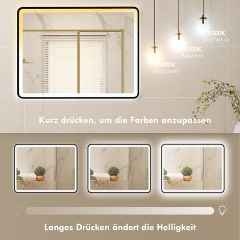 Miroir de salle de bain lumineux LED, anti-buée, miroir cosmétique à luminosité réglable avec éclairage intégré, 80x60 cm, cadre noir (1/4)