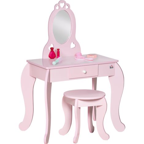 Coiffeuse Enfant Design Girly avec Motifs à Coeur - Tabouret Inclus - dim. 60L x 36l x 88H cm - tiroir, Miroir - MDF - Rose