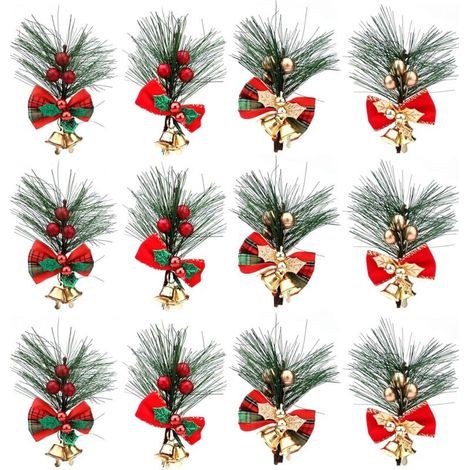 12 piezas de ramas de pino navideñas con bayas, adornos artificiales de pino navideño con bayas rojas/doradas y lazos, ramas navideñas con bayas rojas para arreglos de árboles de Navidad y decoracione (1/5)
