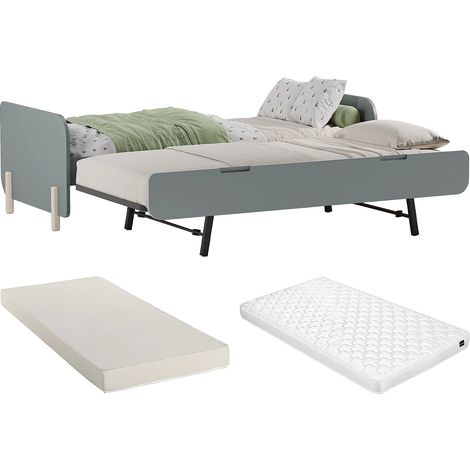 Lit gigogne 2 x 90 x 190 cm - MDF et pin - Vert sauge et naturel clair + Matelas - TALUDO (1/5)
