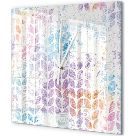 Grande Horloge Murale Carrée Déco Salon Verre Trempé Silencieuse Design Contemporain Feuilles colorées 60x60 cm (1/5)