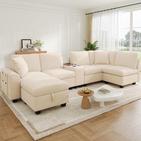 Canapé panoramique d’angle XL 6 places avec rangement, grand canapé en L modulable en velours côtelé Beige, 311 x 139 x 85 cm (1/5)
