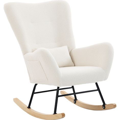 Mecedora de Terciopelo de Teddy con Respaldo Acolchado Almohada y Base de Madera de Caucho Carga 120 kg Crema (1/5)