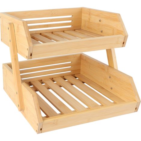 Soporte para cesta de frutas de bambú, soporte para cesta de frutas, cesta de 2 niveles, organizador decorativo para fruteros, verduras, pan y almacenamiento de cocina. (1/5)
