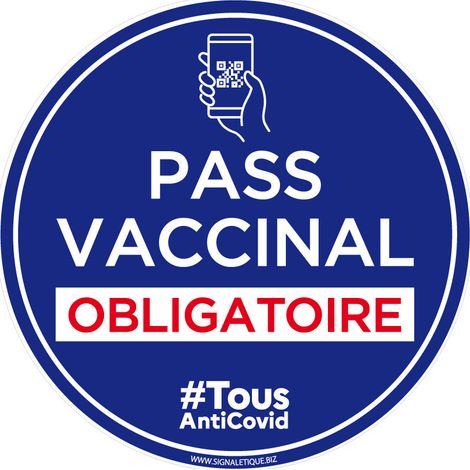 Panneau Pass Vaccinal Obligatoire Rond Bleu. Signalisation Covid-19. Autocollant Pass Vaccinal, panneau PVC, Aluminium - Adhésif - Diamètre 200 mm (1/3)