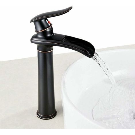 Robinet Cascade avec Haut Bec Mitigeur Lavabo Haut Mono-trou,Robinet Mitigeur pour Lavabo pour Salle Bain, Noir, Bec Haut, (1/5)