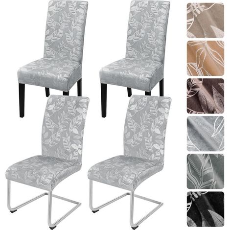 Housses de chaise en velours stretch, lot de 4, motif feuilles, gris clair (1/5)