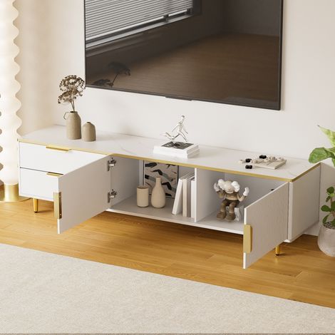 Mobile porta TV basso con superficie scolpita, maniglie e gambe dorate, mobile da soggiorno con struttura in marmo (1/5)