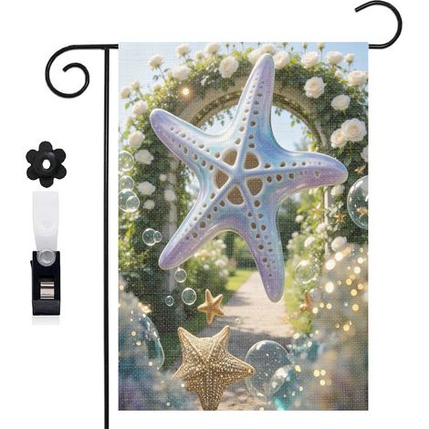 Drapeau de jardin 30 x 45 cm motif étoiles de mer lumineuses et fond océan toile double face (1/5)