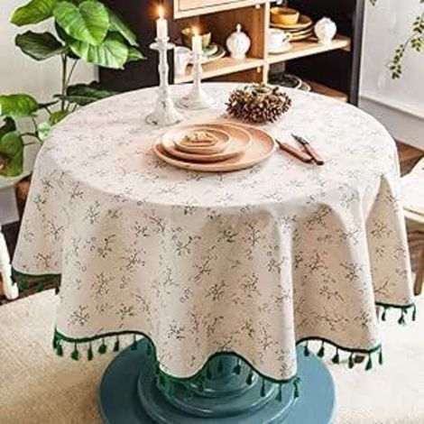 CCYKXA Nappe Ronde Lin Coton imprimé Fleuri, Nappe Table Ronde à Franges Lavable, Petite Nappe Ronde Anti Tache Décorer Utilisé de Table à Manger, Salon, Pique-Nique 150cm Round Tablecloth (Beige)