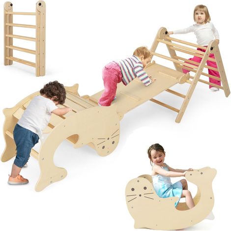 6 en 1 Toboggan - GOPLUS - Triangle d'escalade Montesorri Bois avec Échelle Triangle, Bascule Lion de Mer, 3-14 Ans & 60KG, Naturel (1/5)