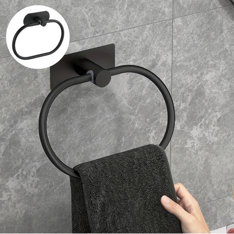 Porte-serviettes rabattable mural à 180° sans perforation, support de rangement de salle de bain en acier inoxydable, noir (1/5)