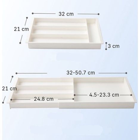 Divisorio per cassetti da 32 x 21 x 3 cm per riporre le posate, scatola multifunzionale per la casa, contenitore estensibile per la selezione, vassoio rimovibile (1/5)
