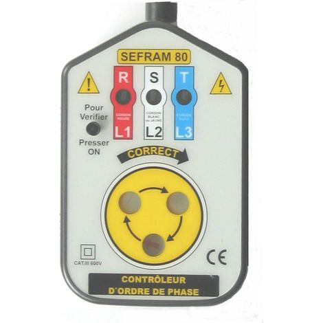 Testeur de rotation de phase Sefram80 – Intensité 10A – Tension 600V – CAT III – Fréquence 60Hz – Pince crocodile
