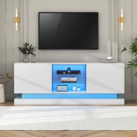 Weiß mattierter LED-TV-Ständer mit verstellbarer Glasablage, 7 Ablagefächern, TV-Kommode für das Wohnzimmer, 160 x 38,5 x 60 cm