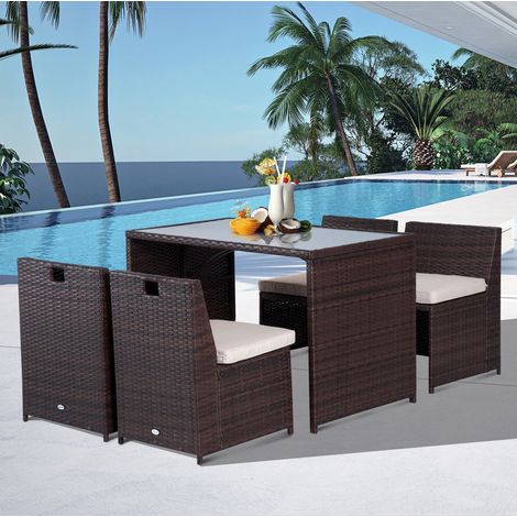 Set da giardino in polyrattan 4 posti marrone con cuscini, pieghevole e con contenitore (1/5)