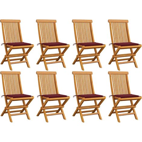 Chaises de jardin avec coussins bordeaux lot de 8 Teck massif (1/5)