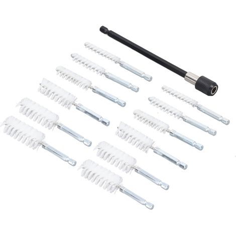 Jeu de 13 brosses de nettoyage pour alésage, diamètres 8/10/12/15/17/19 mm, queue 1/4in, tige d'extension 15 cm, nylon blanc. (1/5)