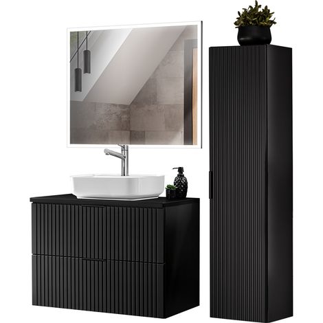 Badezimmer Möbel Set mit Keramik Aufsatzbecken, Hochschrank und rechteckigem LED Spiegel, matt schwarz mit gerillter Front, ADELAIDE-56-BLACK, B/H/T ca. 130/200/46,5 cm (1/5)