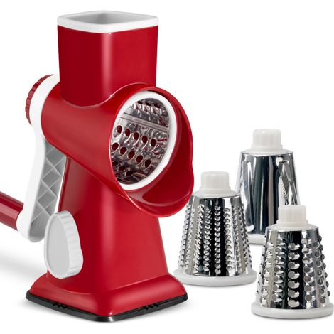 Affettatrice manuale da cucina, tagliaverdure multifunzione con 3 lame a tamburo staccabili, tagliaverdure per patate, aspirazione potente, carote, formaggio, noci, ecc. (rosso)