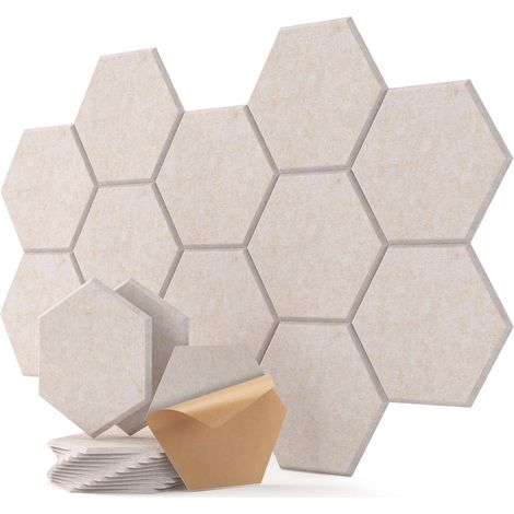 Lot de 12 30 x 26 x 0,9 cm panneaux acoustiques hexagonaux auto adhésifs, mur insonorisant haute densité pour décoration murale et traitement acoustique, panneaux insonorisants beige clair (1/5)