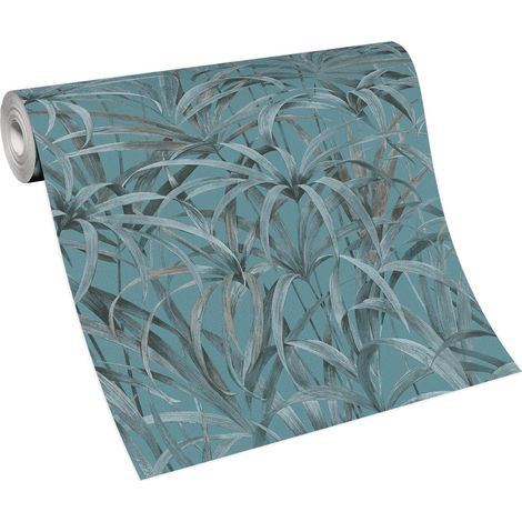 Papier peint tropical à motif feuillage pour salle de bain | Tapisserie turquoise tendance | Papier peint jungle brun et bleu (1/3)