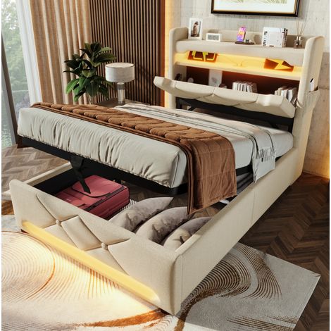 Cama tapizada 90/200 cm beige de lino con LED 360°, cabecero con USB-C y arcón hidráulico (1/5)