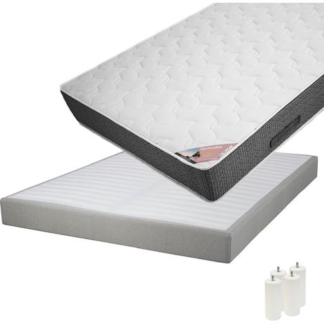 BERMUDES - Pack Matelas 140x190 + Sommier Tapissier Démontable 2x20 Lattes Lin + Pieds Blancs 15cm (1/5)