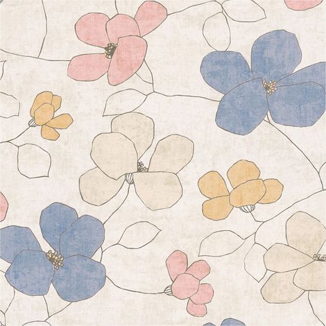 Flowers wallcovering wall Profhome 791472 hot embossed non-woven wallpaper slightly textured with floral ornaments matt grey yellow pink blue 5,33 m2 (1/5)