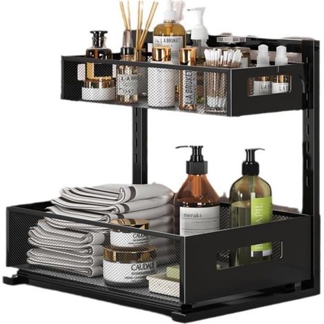 Estante de almacenamiento bajo fregadero, cesta de almacenamiento deslizante multifuncional de dos niveles, estante deslizante de altura ajustable para cocina y baño (1 pieza, negro)