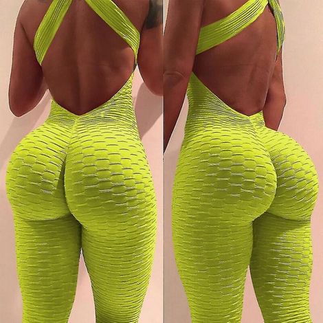 Yoga-Jumpsuit für Damen, Push-up-Effekt, gekreuzter Gürtel, hohe Taille, formend, Bauchkontrolle, TikTok-Stil, gelb. (1/4)