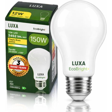 Bombilla LED E27, filamento clase B, A 60, 12W, 2452LM = 150W, 3000K lux, EcoBrigh (1/5)