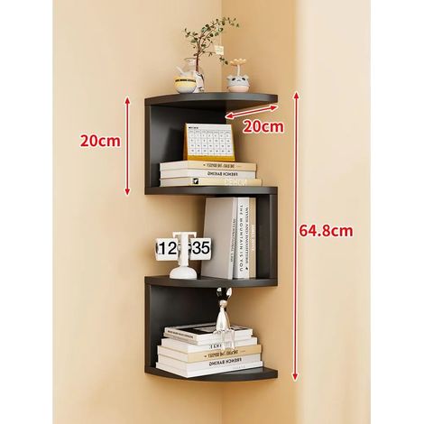 Étagère de rangement murale d'angle à 4 niveaux, rayon 20 cm (noire, colle, clous sans trace et vis d'expansion inclus) - Style minimaliste moderne. Dimensions : [dimensions manquantes]. (1/5)