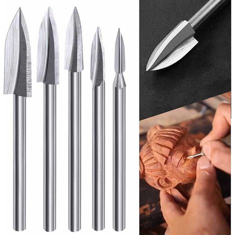 Holzschnitz-Bit-Set für Rotationswerkzeug, 5-teiliges Holzschnitz-Bit-Set mit 1/8-Zoll-Schaft für DIY-Holzbearbeitung, Gravur, Schnitzerei, Bohren und Schleifen (1/5)